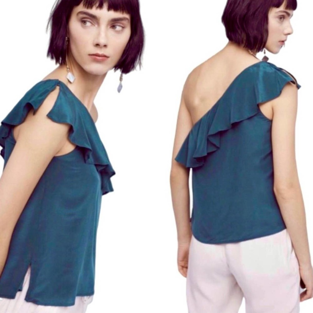 Maeve One-Shoulder Ruffle Top in Dark Blue/Green - Picture 2 of 10